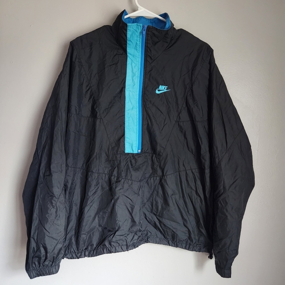 Vintage Nike Black Blue Half Zip Windbreaker Pullover Nylon Jacket Sz L